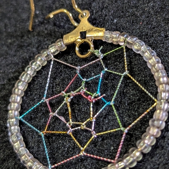 Vintage Dreamcatcher Earrings Gold Tone Colorful Metallic Cord Gold Earwires - Picture 7 of 9